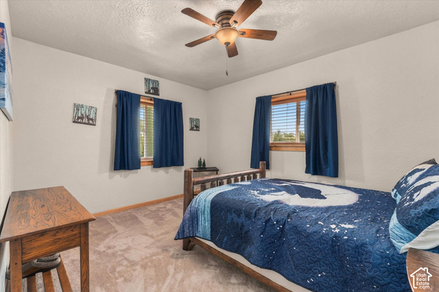 1701 Oak Road Coalville, UT 84017 - Photo 40 of 71 Soft carpet flooring, two windows with wood trim, ceiling fan light fixture, and neutral wall tones