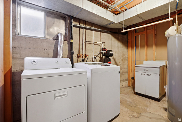 4245 3320 East Holladay, UT 84124 - Photo 37 of 51 Dedicated laundry area featuring a full-size dryer and washing machine, utility sink with cabinet storage, and exposed overhead piping