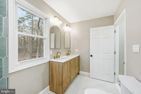a bathroom with a double vanity sink toilet and shower
