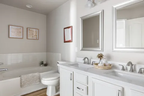 a bathroom with a double vanity sink and a mirror