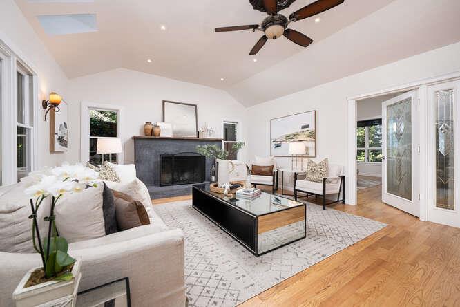 108 Ware Road Woodside, CA 94062 - Photo 12 of 56 a living room with furniture and a fireplace