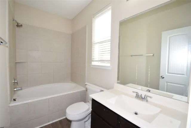 a bathroom with a sink mirror toilet and bathtub