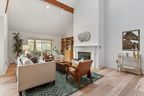 a living room with furniture a rug and a fireplace