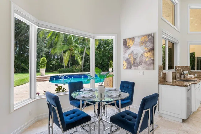 a view of a dining room with furniture window and outside view