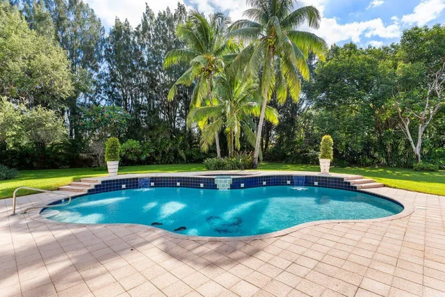 a view of a swimming pool with a yard and trees