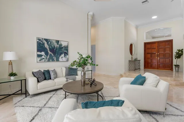 a living room with furniture and a potted plant