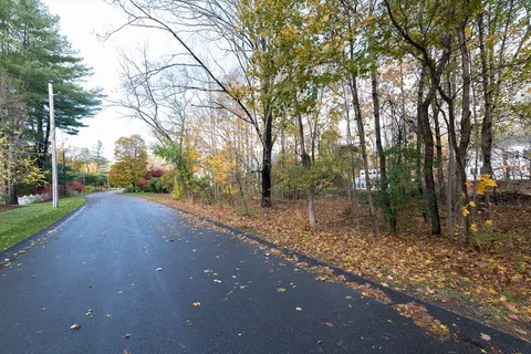 a view of a street with trees on both side of it