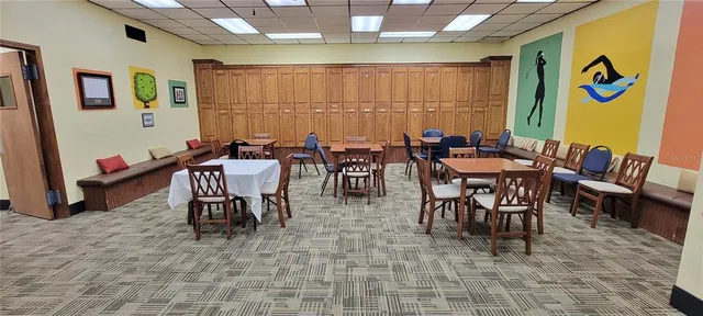 a view of a dining room with furniture