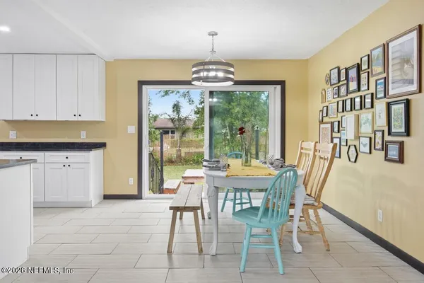 a view of a dining room with furniture window and outside view