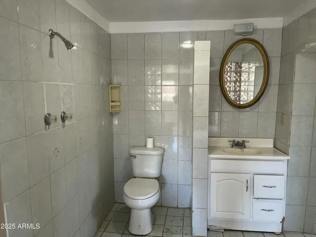 a bathroom with a toilet sink vanity and shower