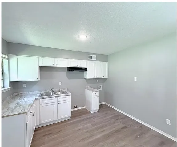 a kitchen with a sink cabinets and wooden floor