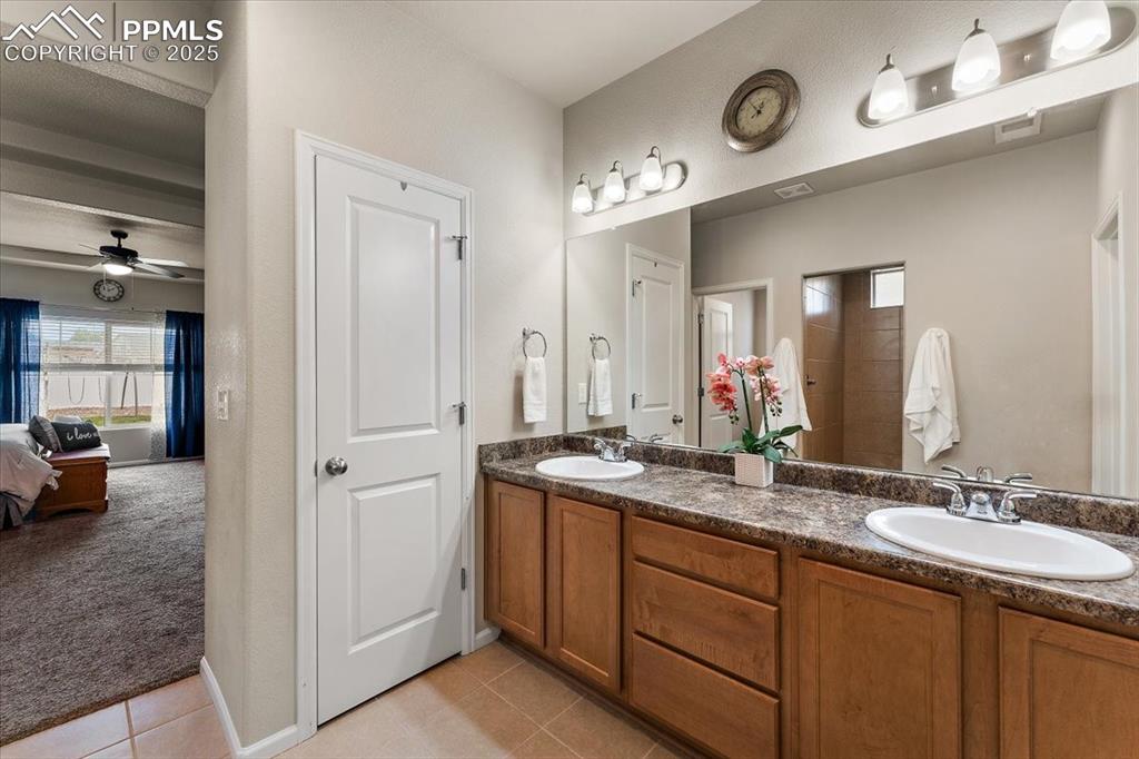7890 Treehouse Terrace Fountain, CO 80817 - Photo 16 of 31 a bathroom with a granite countertop sink a mirror and vanity