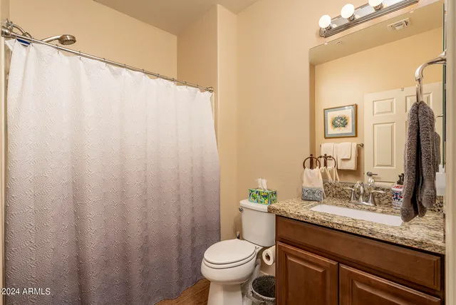 a bathroom with a granite countertop sink toilet and a mirror