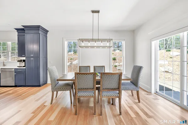 a view of a dining room with furniture window and wooden floor