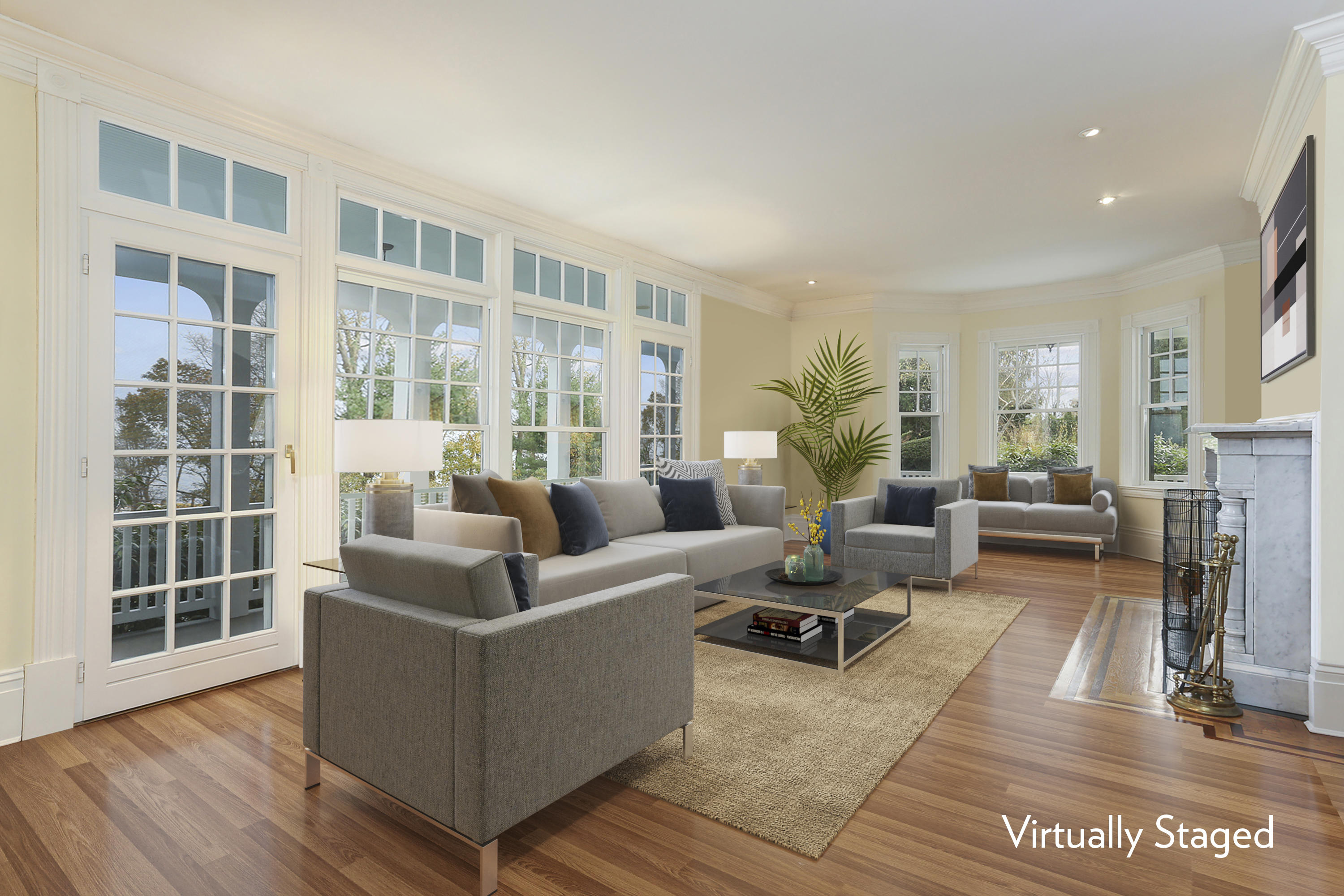 155 Long Neck Point Road Darien, CT 06820 - Photo 14 of 52 a living room with furniture large windows and wooden floor