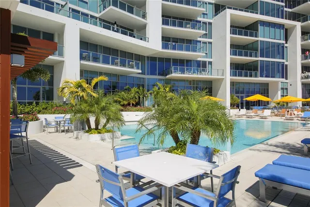 a view of a building from a patio