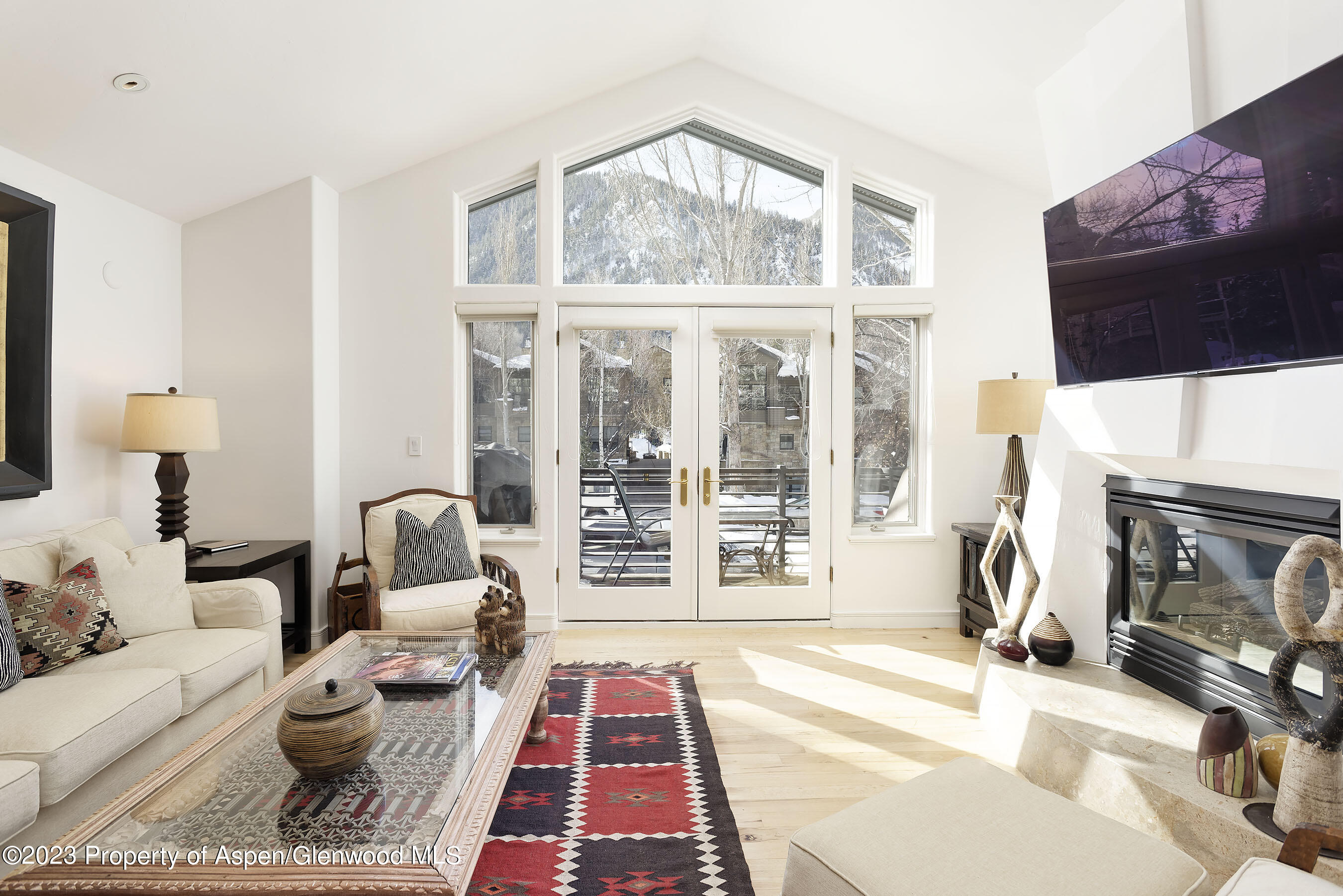926 East Durant Avenue, Unit 3 Aspen, CO 81611 - Photo 1 of 20 a living room with furniture a flat screen tv and a fireplace