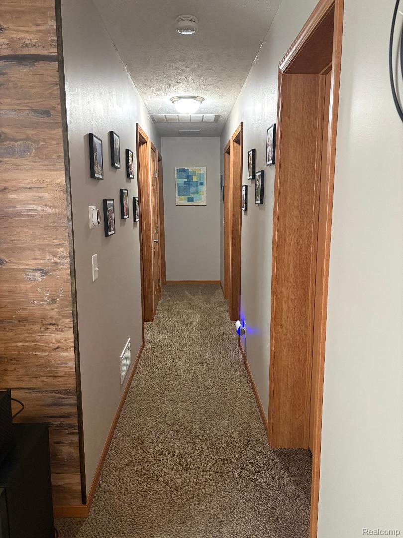 3615 Pineland Point Road Gladwin, MI 48624 - Photo 13 of 25 Corridor featuring light colored carpet and a textured ceiling