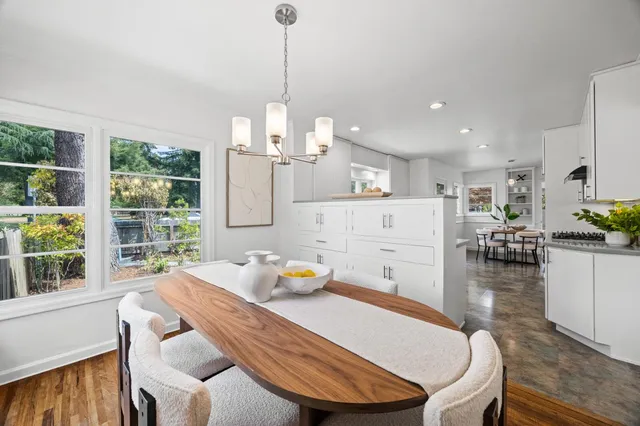 a view of a dining room filled with furniture window and outside view