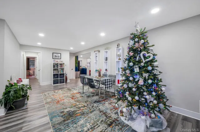a living room with furniture a potted plant and a rug