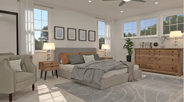 a spacious bedroom with a large bed and a dresser