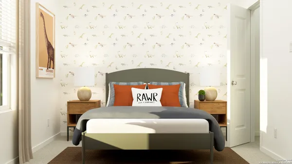 a bedroom with a bed and mirror