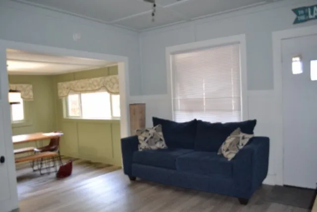 a living room with furniture and a potted plant