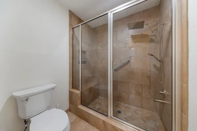 a bathroom with a shower and toilet