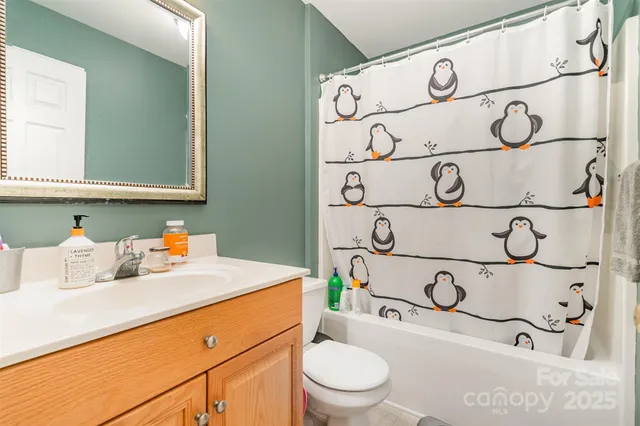 a bathroom with a sink a toilet and a shower curtain