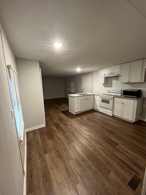 a kitchen with a sink and wooden floor