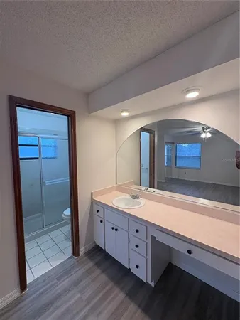 a spacious bathroom with a granite countertop sink and a mirror