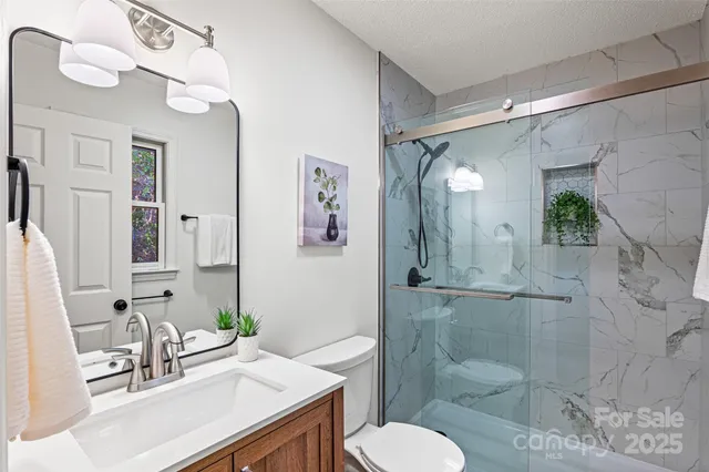 a bathroom with a sink toilet a mirror and shower