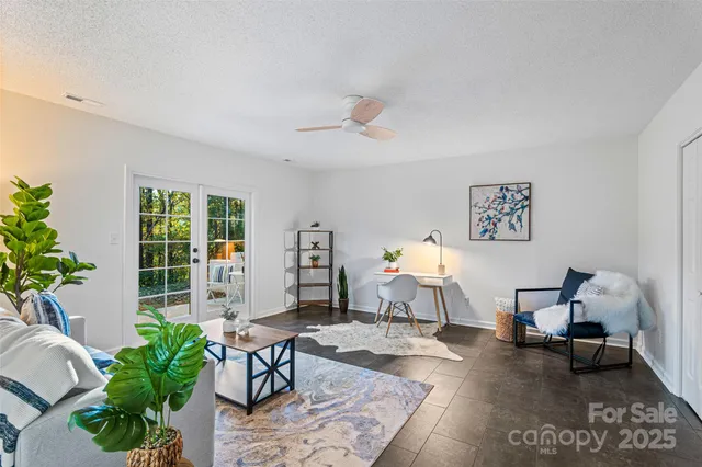 a living room with furniture and a potted plant