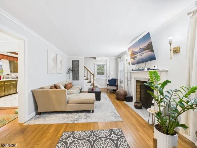 a living room with furniture fireplace and a potted plant