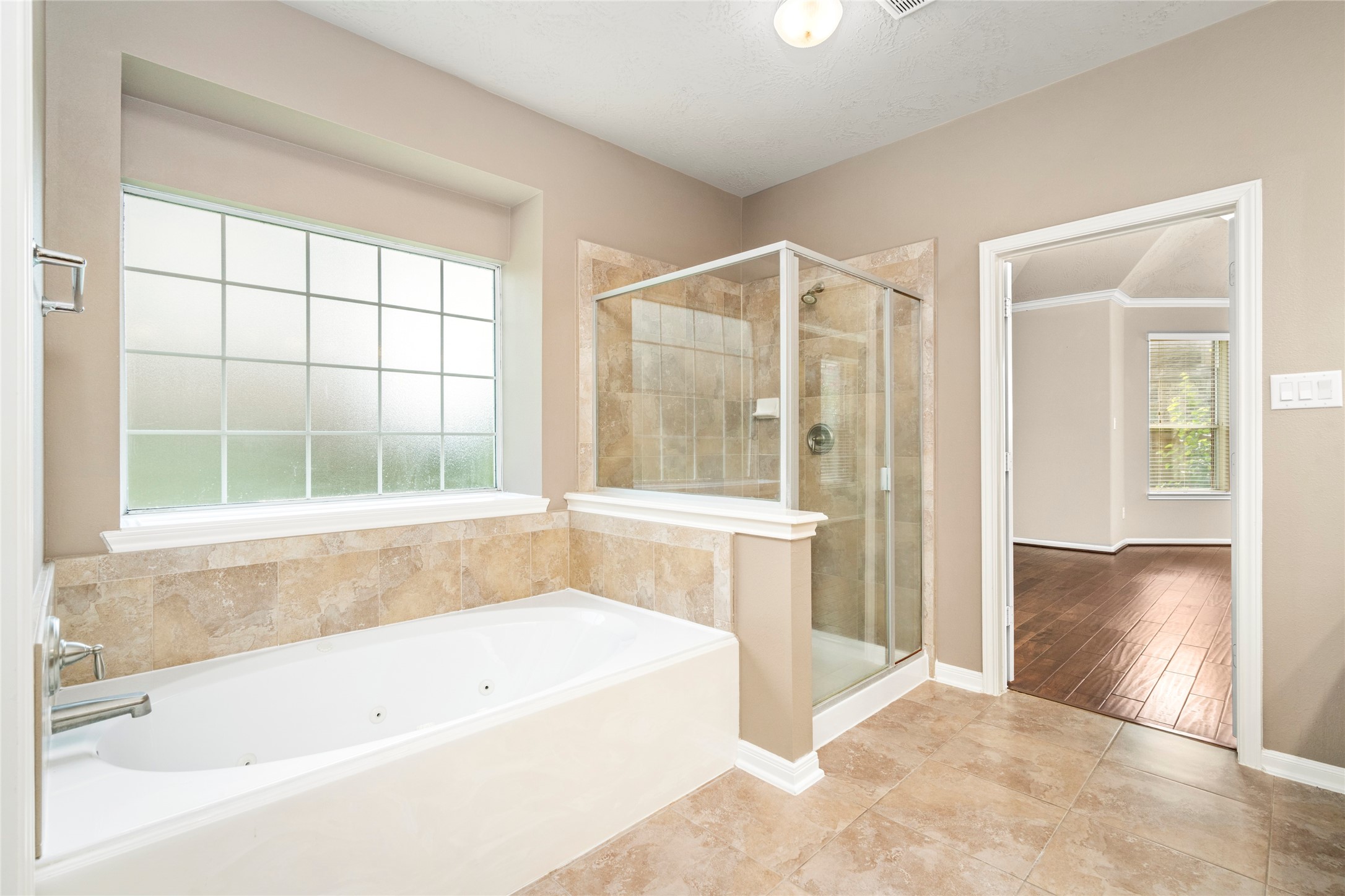 5307 Amber Sky Lane Rosharon, TX 77583 - Photo 24 of 50 An oversized standalone jetted soaking tub and glass-enclosed shower anchor this spa-caliber primary bath, with elegant tile flooring and a frosted window inviting natural light while preserving privacy.