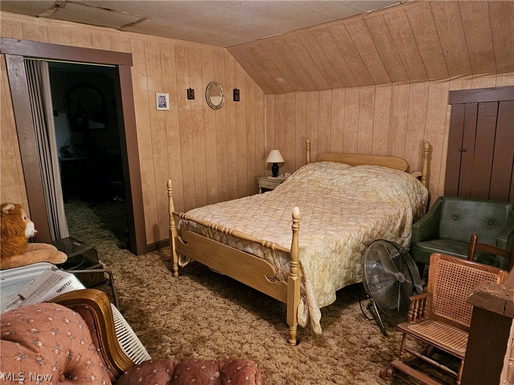 40497 Hanover Ridge Road Cadiz, OH 43907 - Photo 10 of 13 Carpeted bedroom featuring lofted ceiling and wood walls