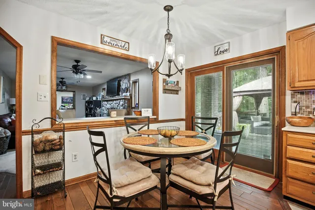 a kitchen that has a table chairs and a wooden floor