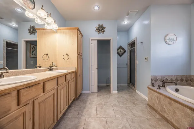 a bathroom with a double vanity sink mirror and shower