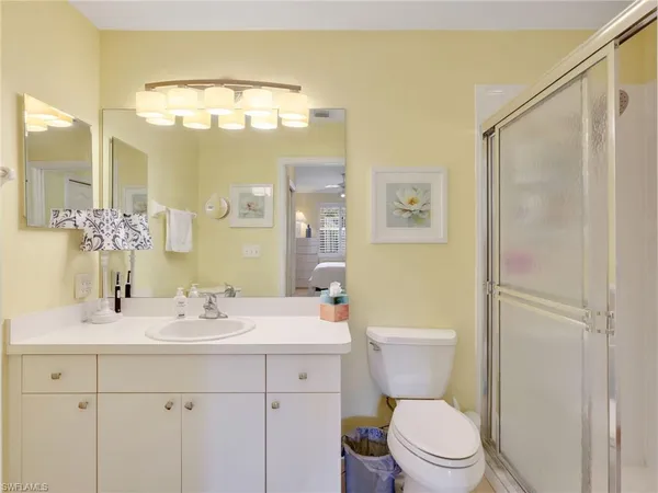 a bathroom with a sink a toilet a mirror a vanity and shower