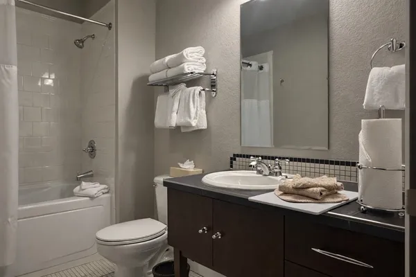a bathroom with a sink toilet and shower
