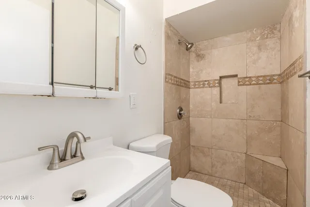 a bathroom with a sink a toilet and shower