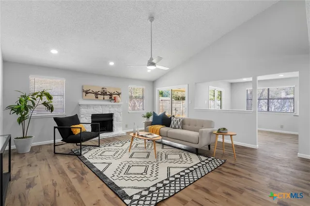 a living room with furniture and a fireplace