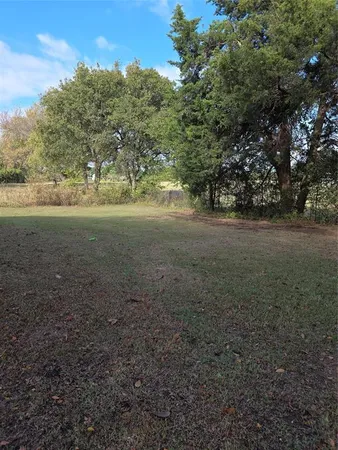 a view of dirt field with large trees