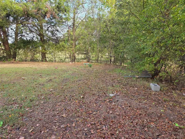 a view of a yard with trees in the background