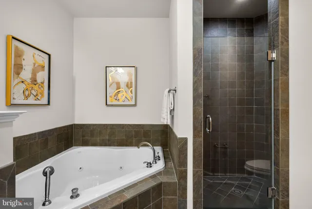 a bathroom with a bathtub and a shower