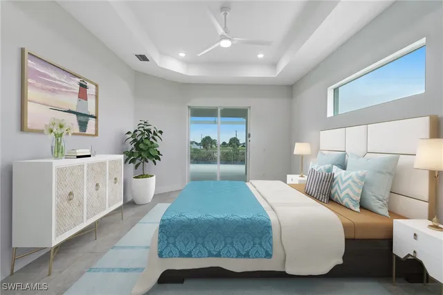 a bedroom with a bed and a painting on the wall