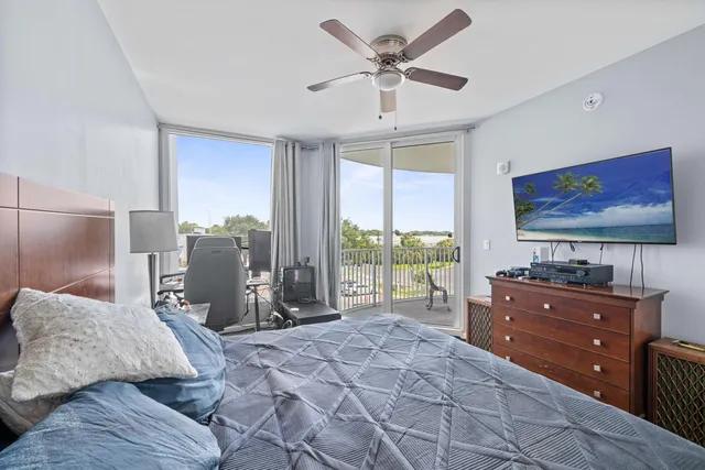 a bedroom with a bed dresser and a flat screen tv