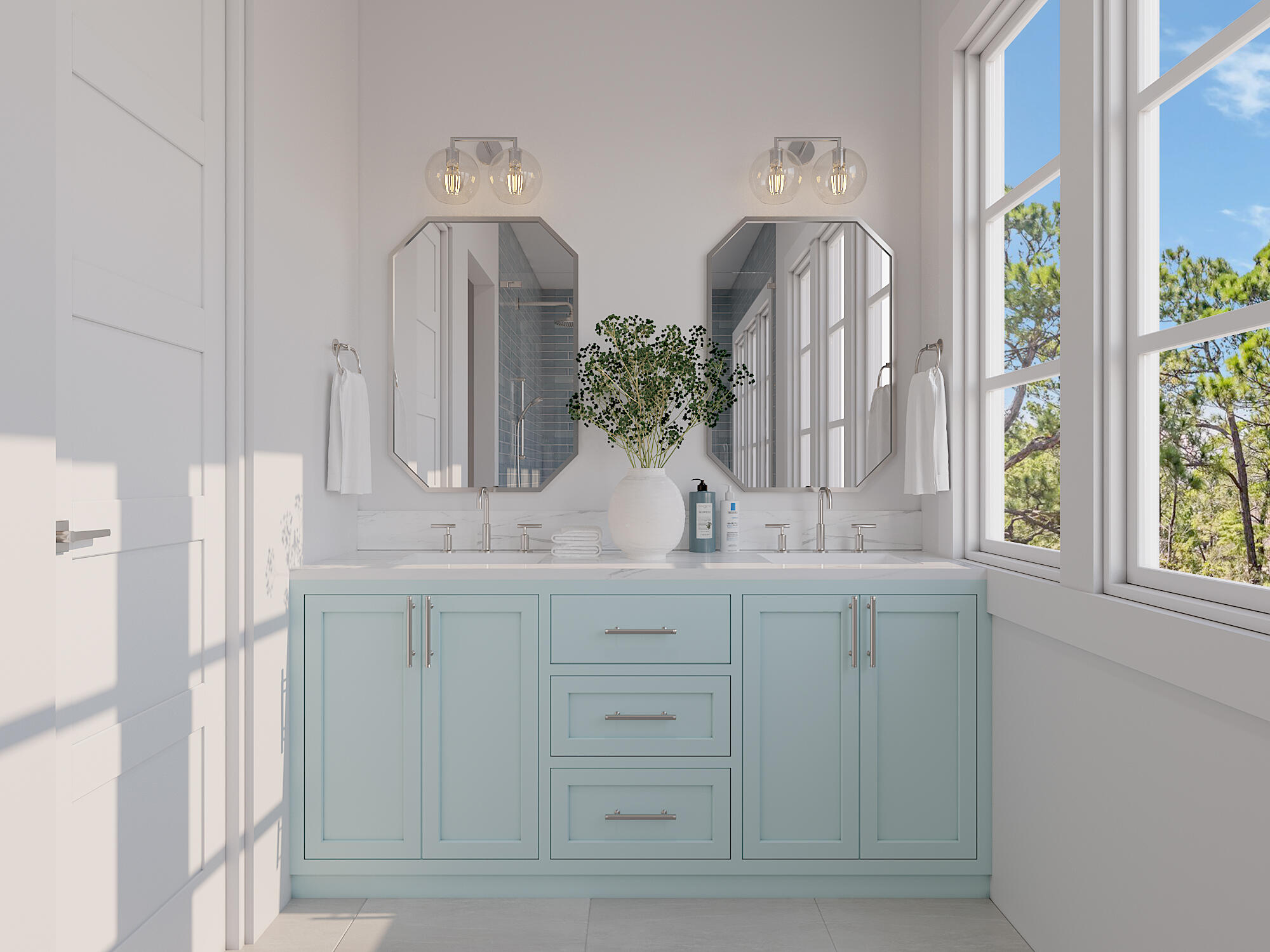 288 Lakeview Drive Santa Rosa Beach, FL 32459 - Photo 12 of 28 a bathroom with double vanity two windows and a chandelier