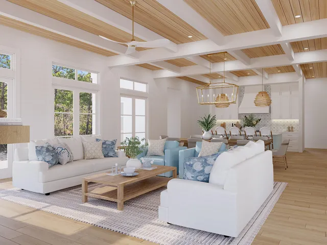 a dining room with furniture a chandelier and window