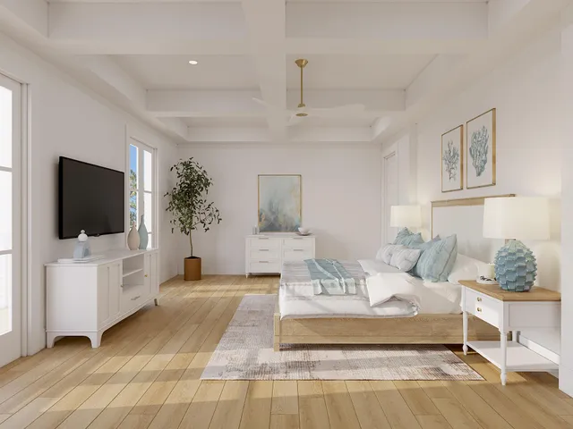 a bedroom with a bed and a painting on the wall